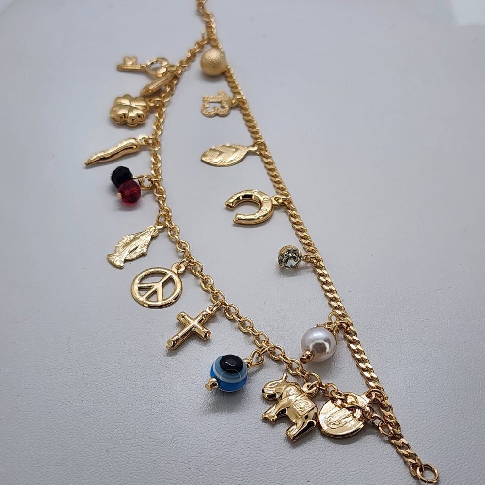 Brand New Brazilian 18k Gold Filled Two Row Multi Charms Bracelet